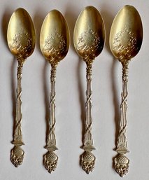 Antique Sterling Silver Miniature Berry Spoons With Raised Ornate Floral Design (set Of 4)