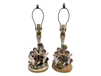 Pair Of Antique Porcelain Cherub Lamps