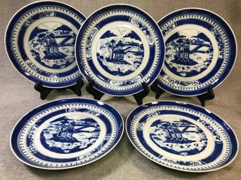 Lot C - (5) Piece Antique / Vintage Blue & White Asian Pottery / Porcelain - Canton Type - Very Pretty !