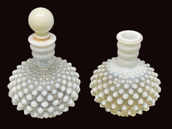 Two Vintage Fenton? White Opalescent Moonstone Hobnail Perfume Bottles