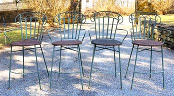 A Set Of 4 Wrought Iron And Cane Bar Stools - Indoor Or Outdoor Use