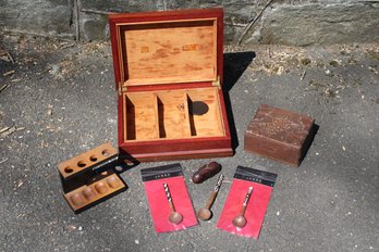 Mixed Lot With Cigar Humidor & Stand, Jambo Bone & Wood Spoons, Vintage Small Trinket Box Dated '43