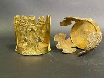 A Pair Of Vintage Angel Candleholders In Brass