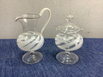 Small White And Clear Swirled Sugar And Creamer Set