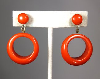 Pair Vintage Red Bakelite Plastic Handing Hoop Clip Earrings