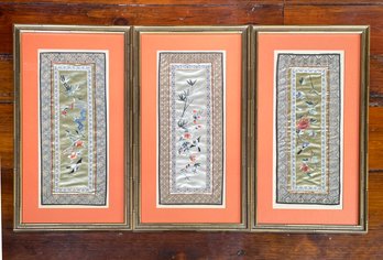 A Trio Of Framed Vintage Indian Silk Panels