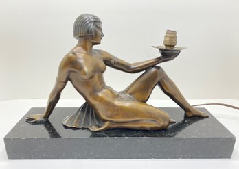 Art Deco Nude Bronze Seated Woman Lamp On Marble Base, Germany, Rewired