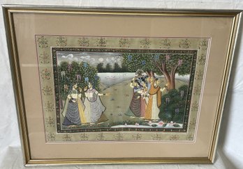 Stunning Antique 19th Century INDIAN TEXTILE PAINTING IN FRAME- Krishna And Radha, With Gopis In A Garden