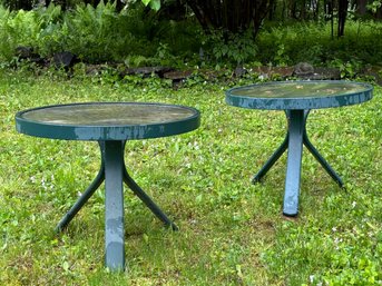 A Pair Of Outdoor Tubular Aluminum Cocktail Tables With Tempered Glass Tops, Quantum By Brown Jordan
