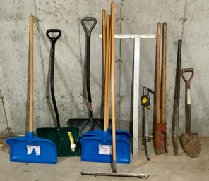 Large Lot Of Snow Shovels, Post Hole Digger & More