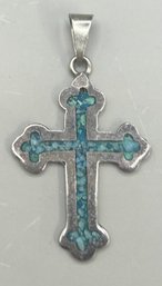 Mexican Taxco Green Silver & Turquoise Cross Pendant