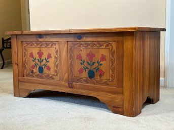 A Vintage Chest In Knotty Pine With A Pretty Floral Motif