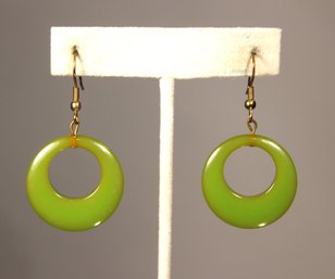 Pair Vintage Green Bakelite Plastic Hanging Hoop Pierced Earrings