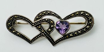 PRETTY SIGNED FAS STERLING SILVER MARCASITE AMETHYST DOUBLE HEART BROOCH