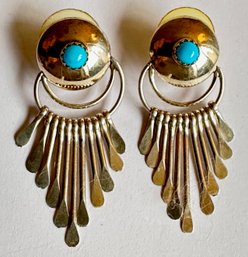 Sterling Silver Turquoise Tapered Dangle Navajo Earrings By Pauline Armstrong