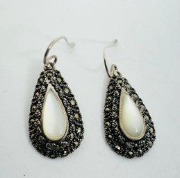 VINTAGE STERLING SILVER MOTHER OF PEARL AND MARCASITE DANGLE EARRINGS