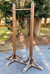 An Unusual Late 19th-Early 20th Century  Pine Double Coat Rack With Hanging Bar And Brass Hooks