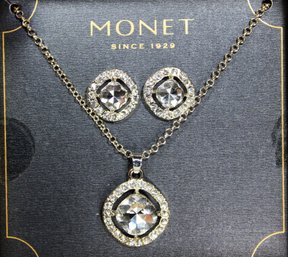 Monet Silver Tone White Rhinestone Necklace And Matching Earrings In Original Box