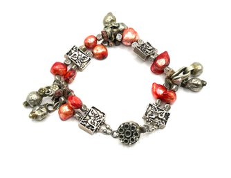 Vintage Sterling Silver With Red Chunky Beads Clasp Bracelet