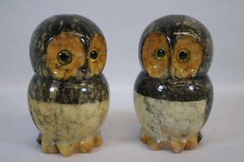 Pair Of Matching Hand Carved Alabaster Owls - Made In Italy