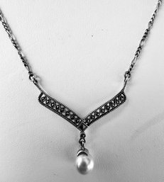 VINTAGE SIGNED FAS STERLING SILVER MARCASITE PEARL DANGLE NECKLACE