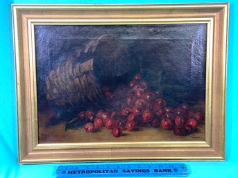 Signed Antique Still Life Painting On Canvas Cherries And Basket 21x15 Framed