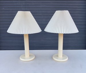 Pair Of Vintage Enameled Metal Lamps With Pleated Shades