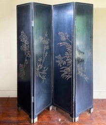 An Antique Art Deco Lacquer And Brass Chinese Dressing Screen