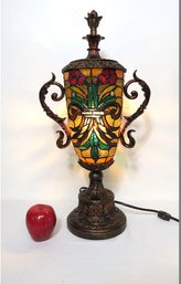 Stained Glass Double Handled Urn Shape Tabletop Accent Lamp