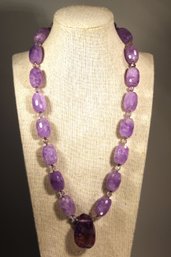 Genuine Amethyst Crystal And Sterling Silver Necklace 22' Long