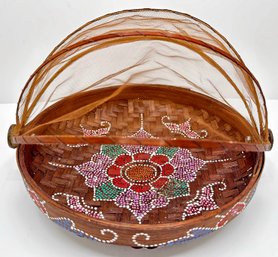 Vintage Indonesian Woven Bamboo Hand-painted Fruit Basket With Mesh Retractable Cover