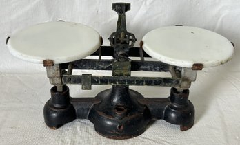 Early Cast Iron SCIENTIFIC LAB Scale- Milk Glass Trays