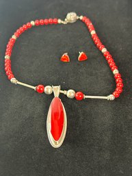 Sterling And Coral Necklace And Earrings