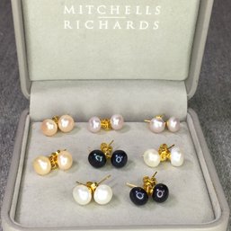 Fabulous All Brand New ! - 8 Pairs Of Multi Color Genuine Cultured Pearls With Sterling / 14K Overlay Mounts