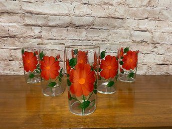 Set Of 6 Vintage Hand Blown Hand Painted Floral Tumblers.