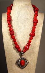 Designer 'BARSE' Silver Tone Coral Beaded Necklace W Pendant 20' Long