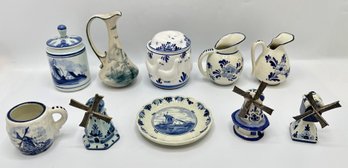 10 Vintage Delft Small Pottery Jugs, Wind Mill Salt Shakers, Cups & More, Holland