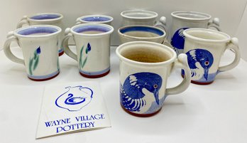 9 Wayne Village Pottery Hand Made Mugs, 3 Different Designs