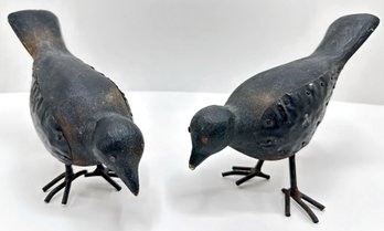 2 Hand-carved Wooden Black Birds With Metal Accents