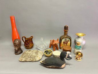 Nice Lot Of Decorative Items Including Wood Duck And Carving, Orange Vase, And More