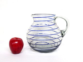 A Gorgeous Cobalt Ribbon Swirled Hand Blown Art Glass Serving Pitcher With Pontiled Base