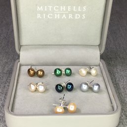 Lovely All Brand New ! - 7 Pairs Of Multi Color Genuine Cultured Pearls With Sterling / 925 Mounts / Posts