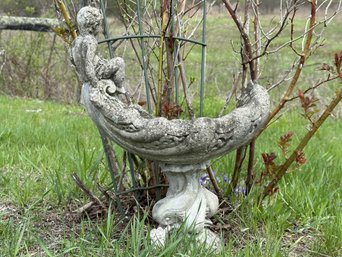 Vintage Cast Cement Garden Statuary: Child On Bowl, Broken