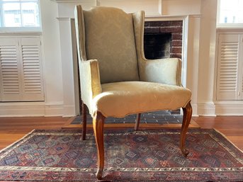 Traditional Style Wingback Arm Chair Upholstered In A Sage Colored Brocade