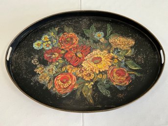 Beautiful Old Oval Large Metal Tray With Floral Hand-painted Design