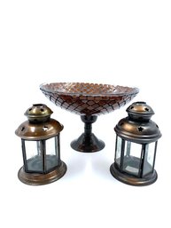 Pair Of Bronze Tone Antique Style Lantern Candle Holders And Mosaic Pedestal Bowl