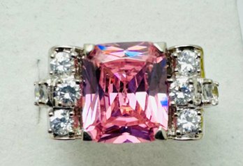 BEAUTIFUL SIGNED ESPO CHUNKY STERLING SILVER PINK ICE CZ DECO STYLE RING