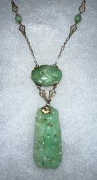 Gorgeous Antique 14k Gold And Carved Jadeite Necklace