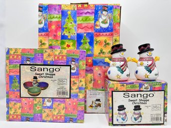 New In Box Sango Sweet Christmas Shoppe 3 Part Serving Set, Cookie Tray & Salt & Pepper Shakers By Sue Zipkin