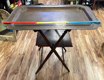 Antique Ornate Brass Tray 36x24 Wood Folding Butler Tray Stand With Shelf 22x14x30 Exquisite And Heavy